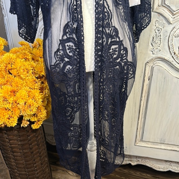 Elegant Navy Lace Kimono Swim Cover Up Duster NWT - Picture 3 of 9